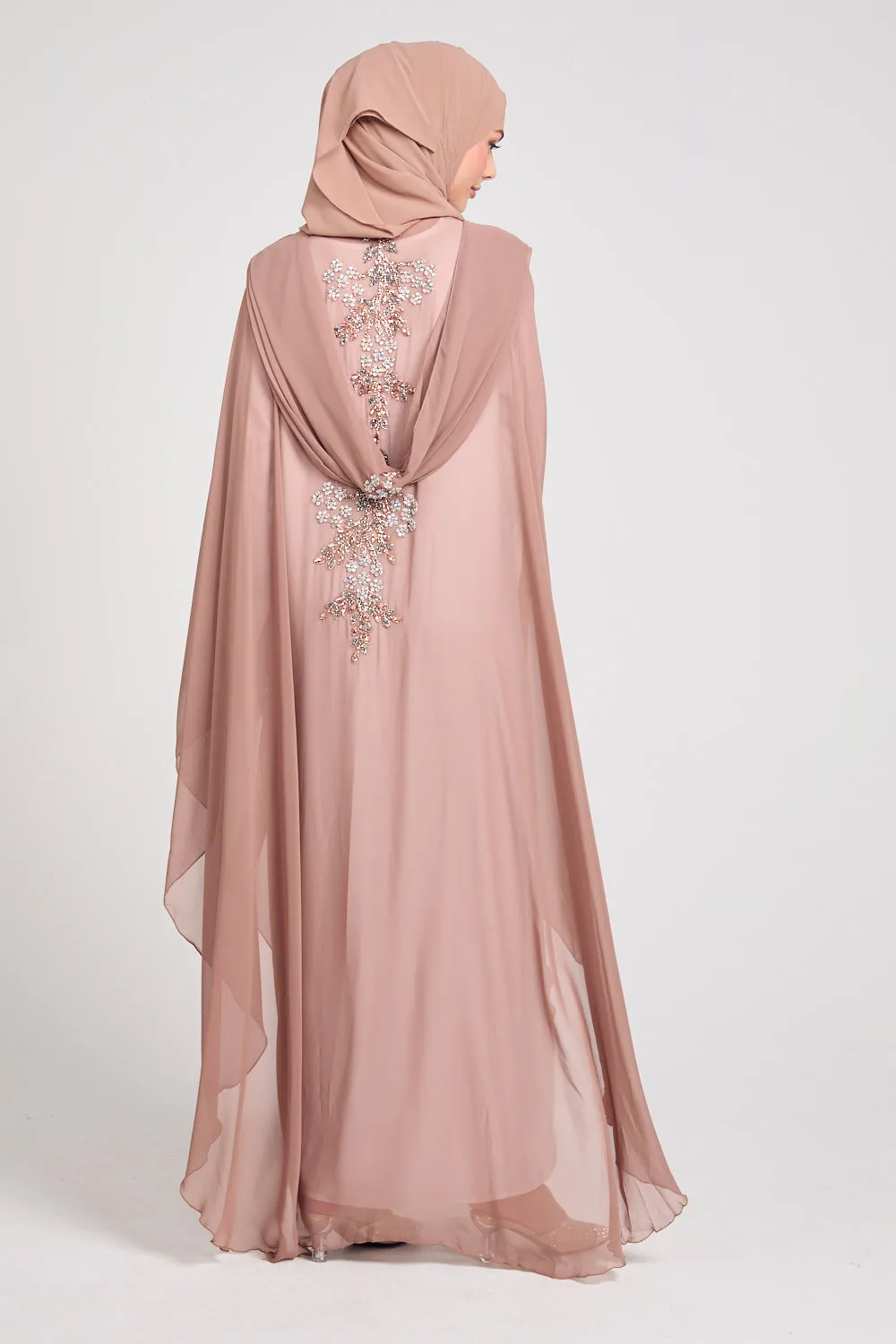 Premium Embellished Chiffon Open Farasha with Hood - Mahogany Rose