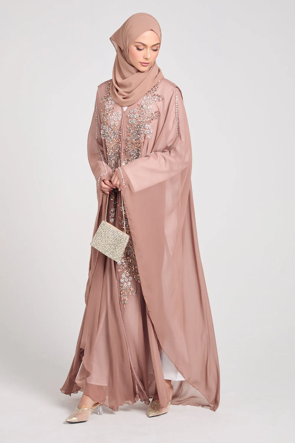 Premium Embellished Chiffon Open Farasha with Hood - Mahogany Rose