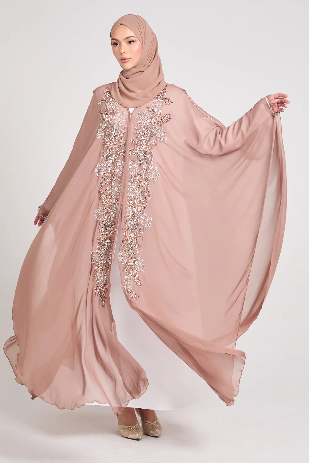 Premium Embellished Chiffon Open Farasha with Hood - Mahogany Rose