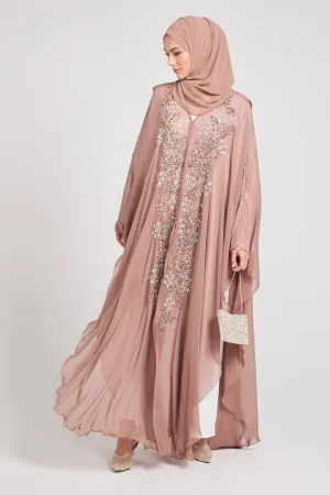 Premium Embellished Chiffon Open Farasha with Hood - Mahogany Rose