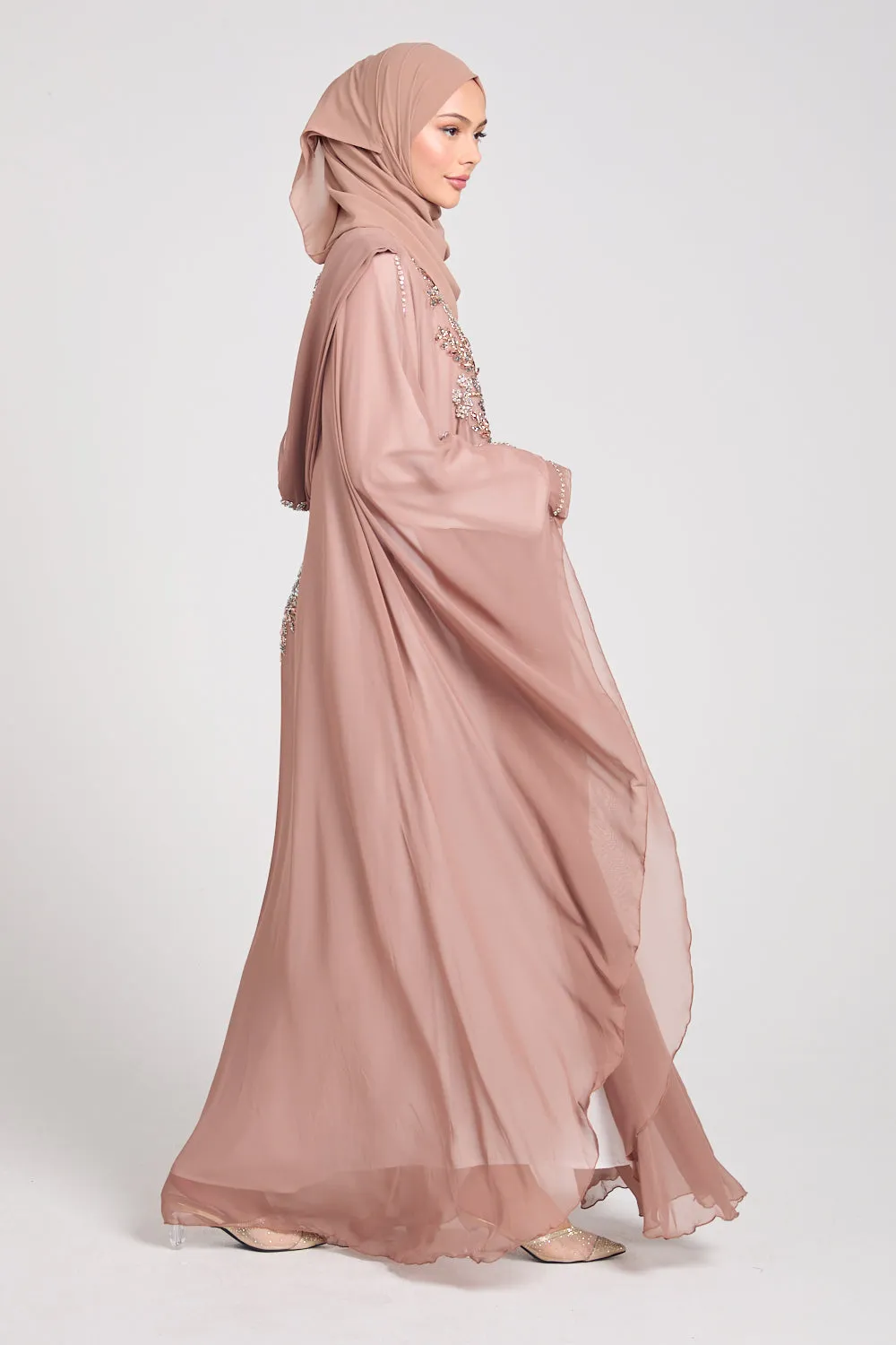 Premium Embellished Chiffon Open Farasha with Hood - Mahogany Rose