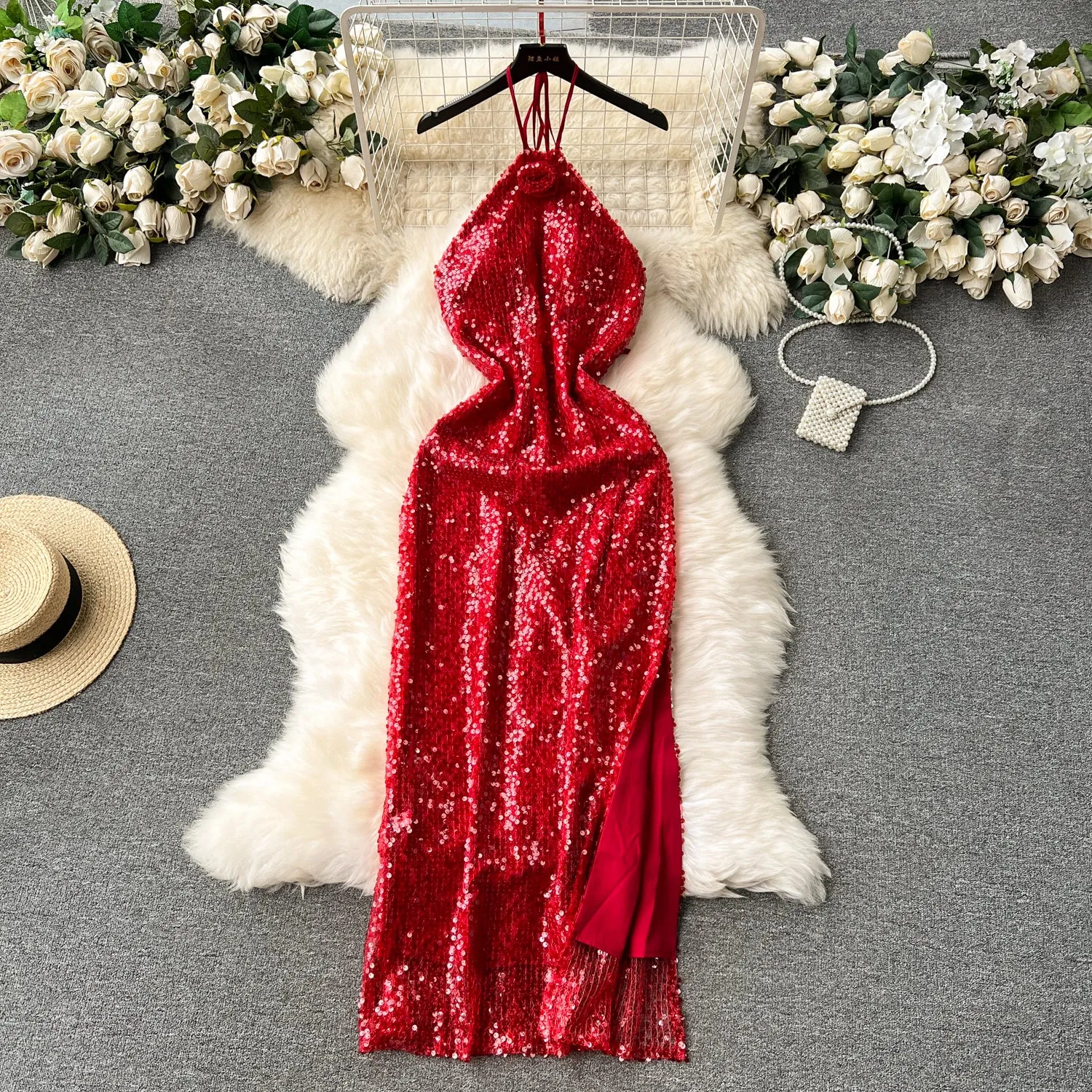 Premium Sequined Split Halter Dress