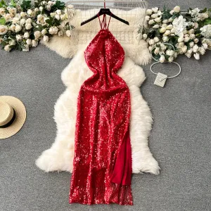 Premium Sequined Split Halter Dress