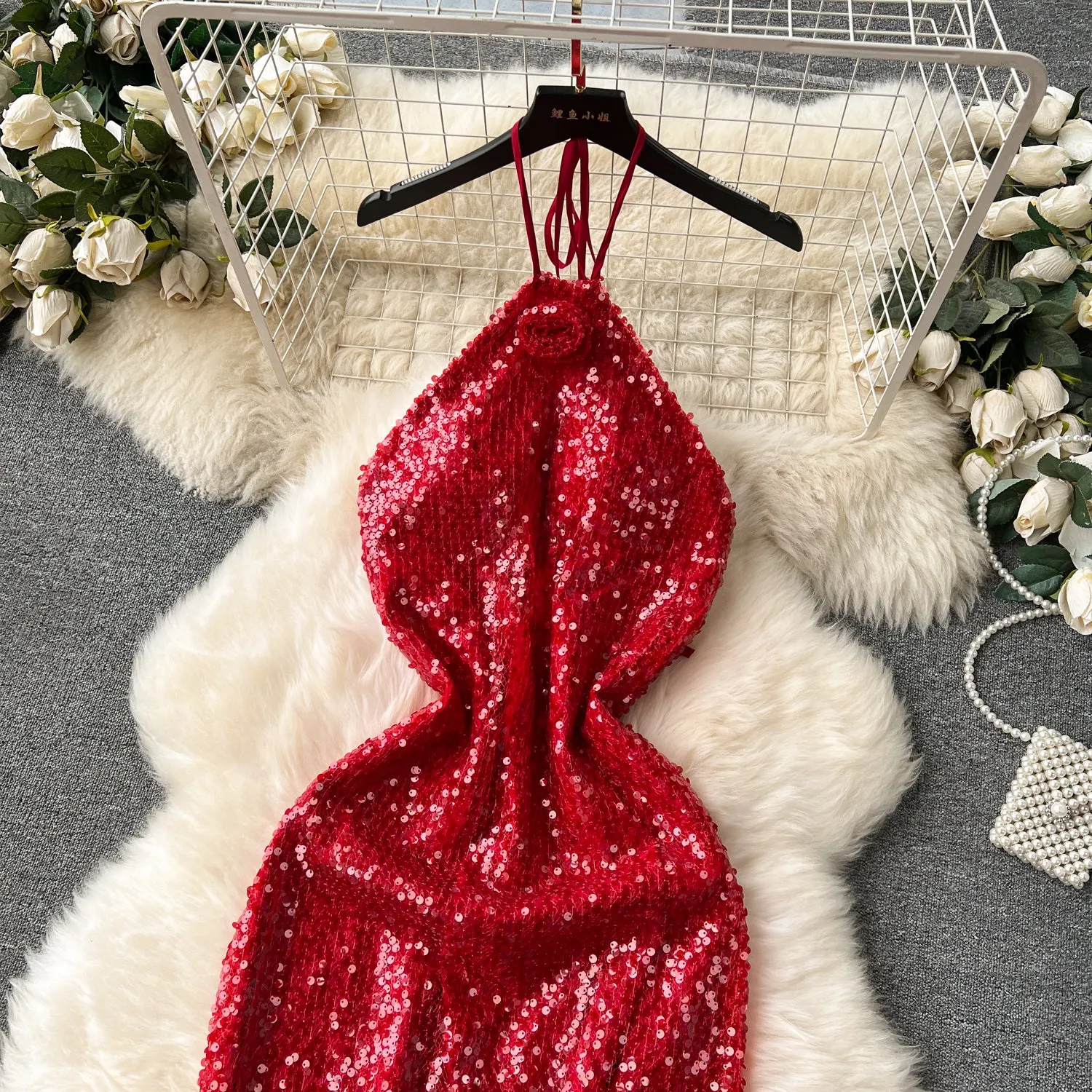 Premium Sequined Split Halter Dress