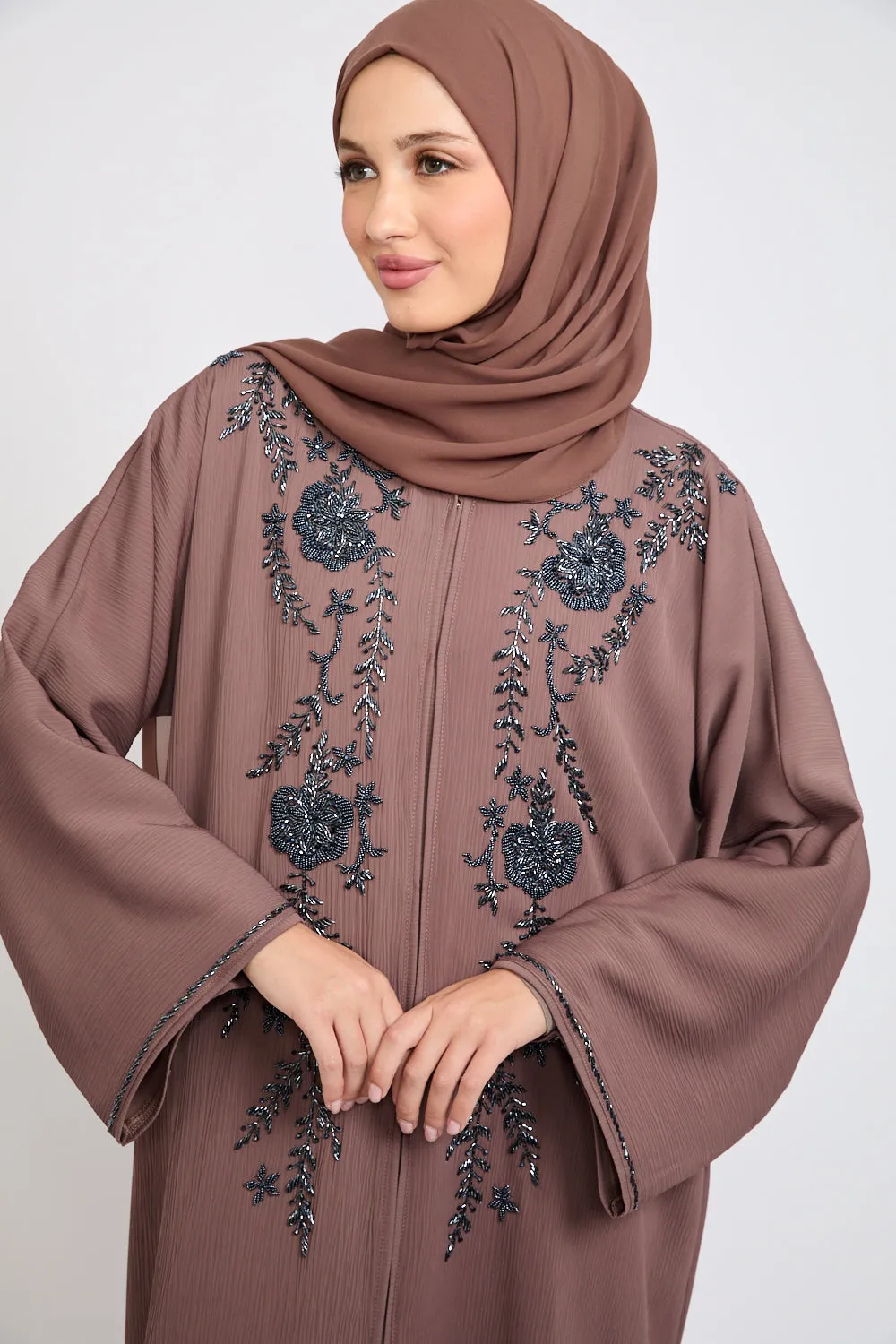 Premium Textured Embellished Open Abaya - Nutmeg