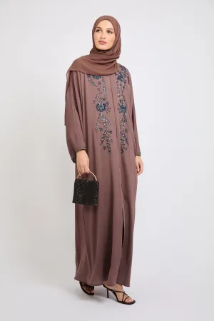 Premium Textured Embellished Open Abaya - Nutmeg