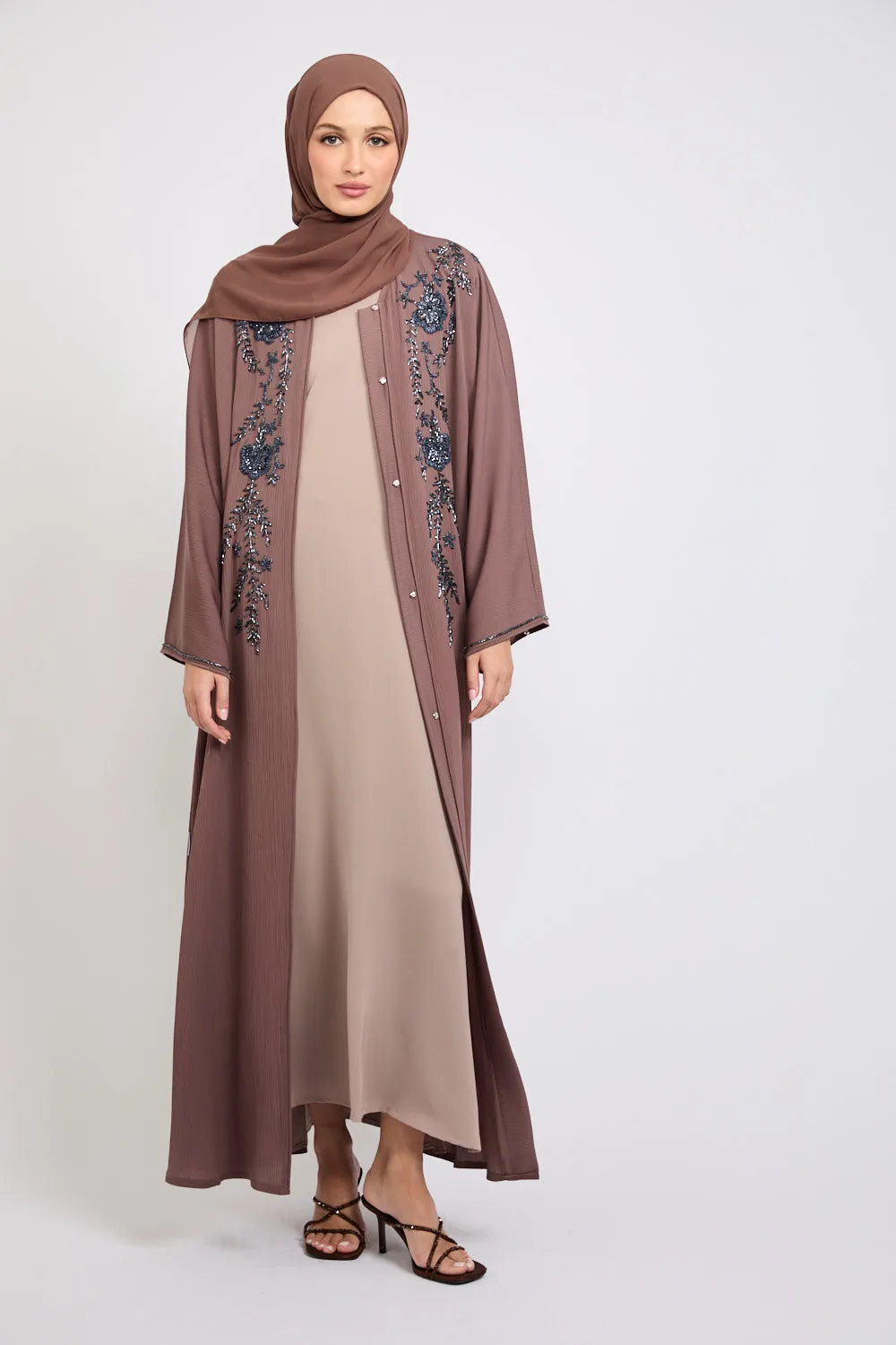 Premium Textured Embellished Open Abaya - Nutmeg