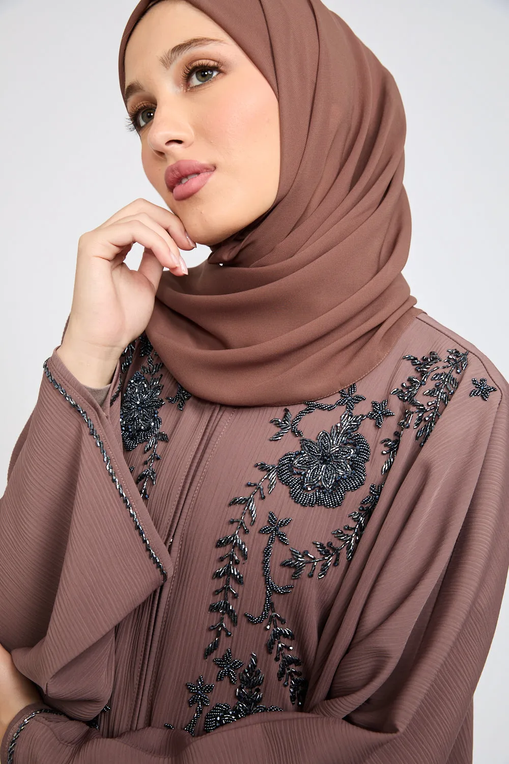 Premium Textured Embellished Open Abaya - Nutmeg