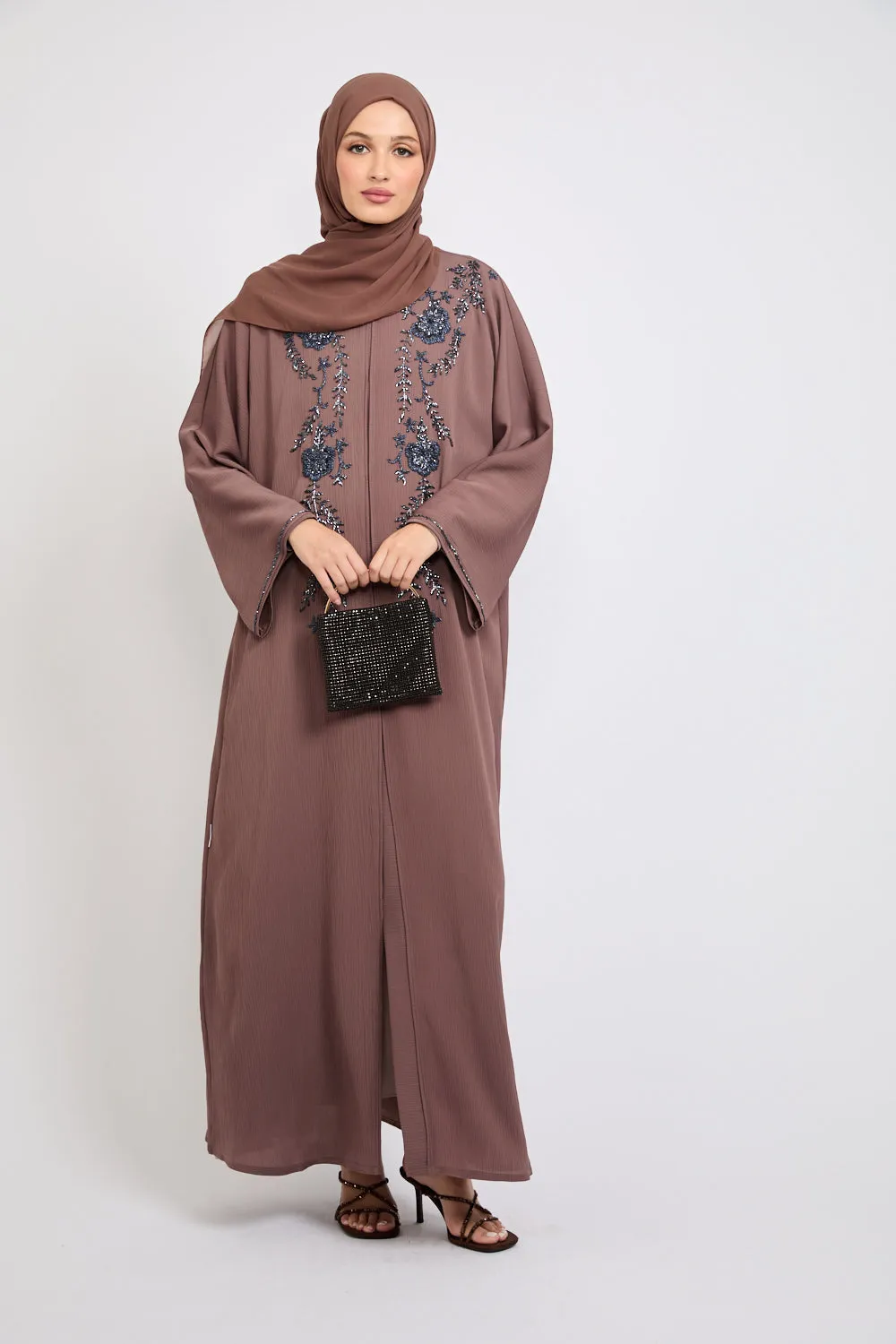 Premium Textured Embellished Open Abaya - Nutmeg