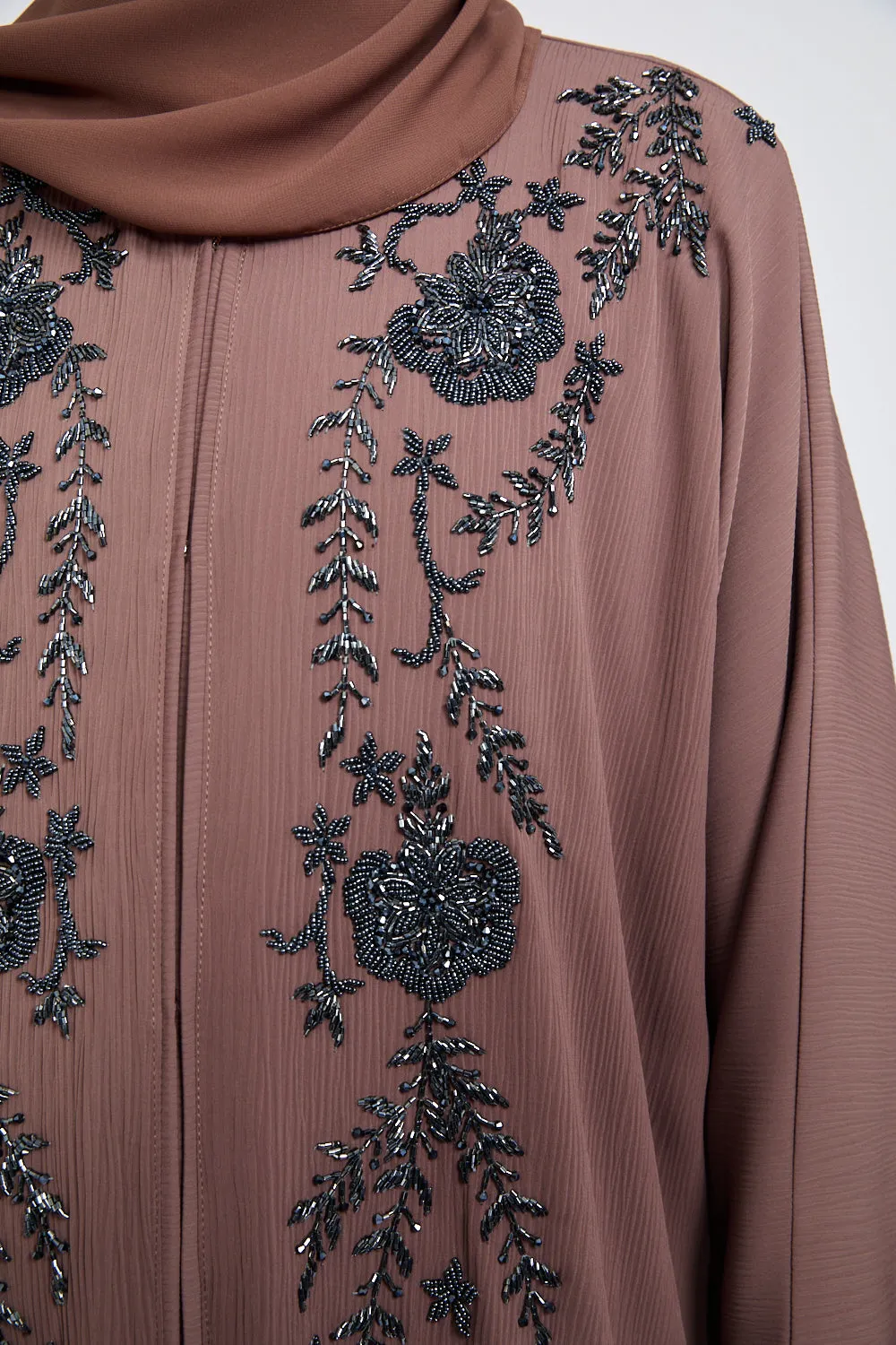 Premium Textured Embellished Open Abaya - Nutmeg