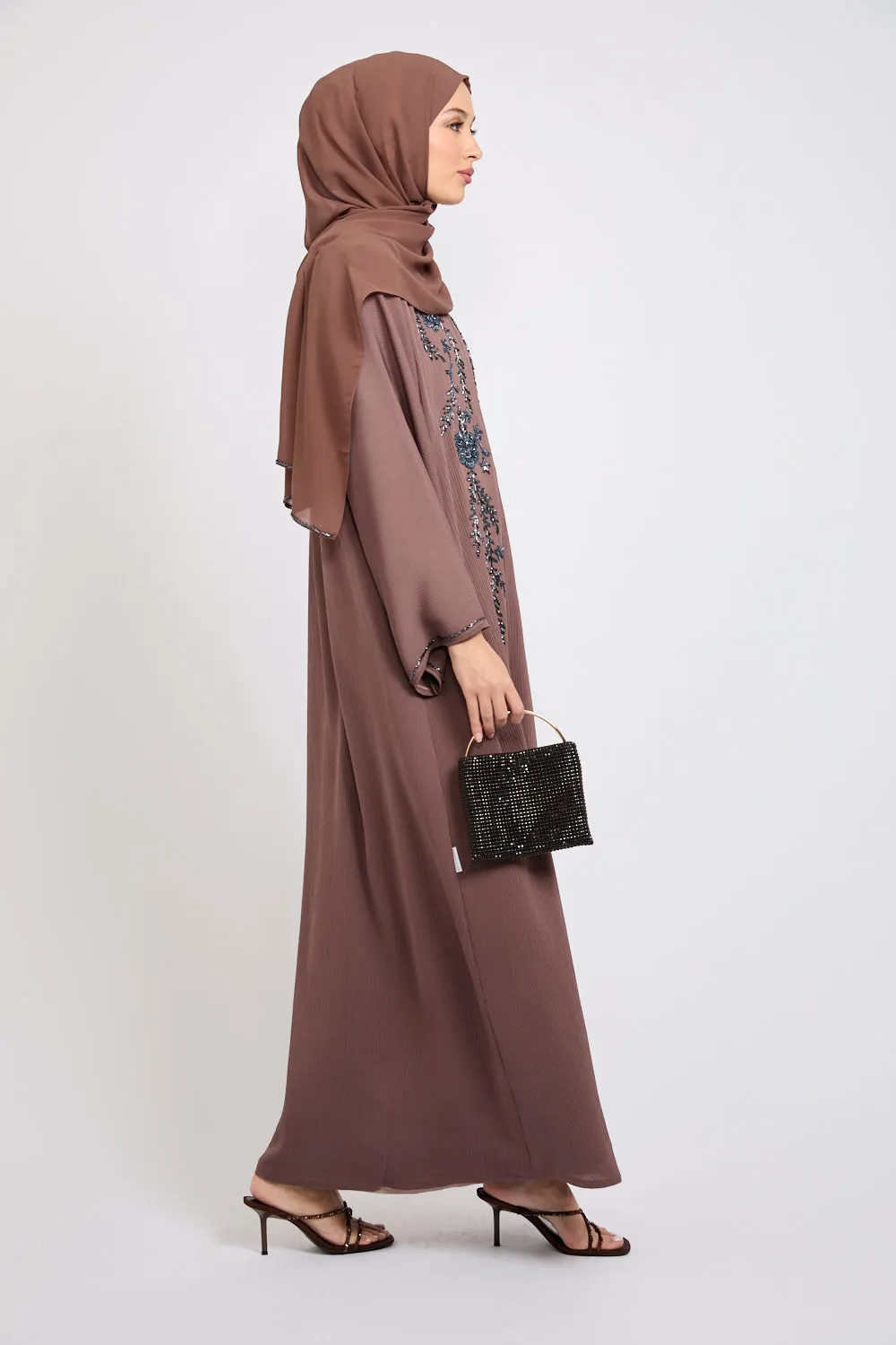 Premium Textured Embellished Open Abaya - Nutmeg