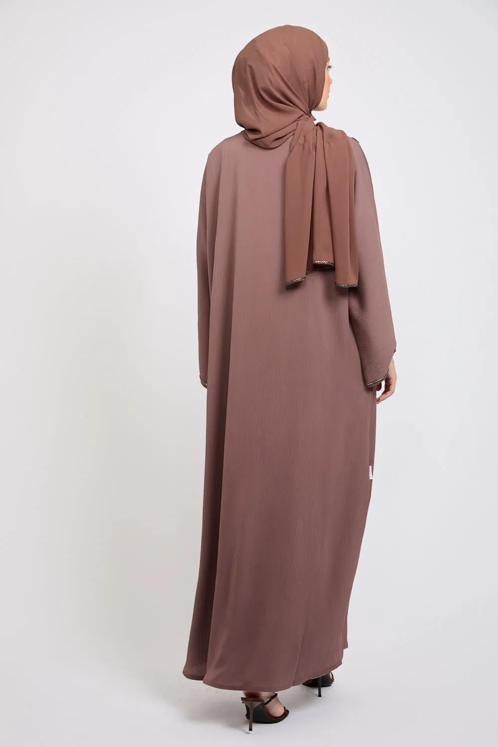 Premium Textured Embellished Open Abaya - Nutmeg