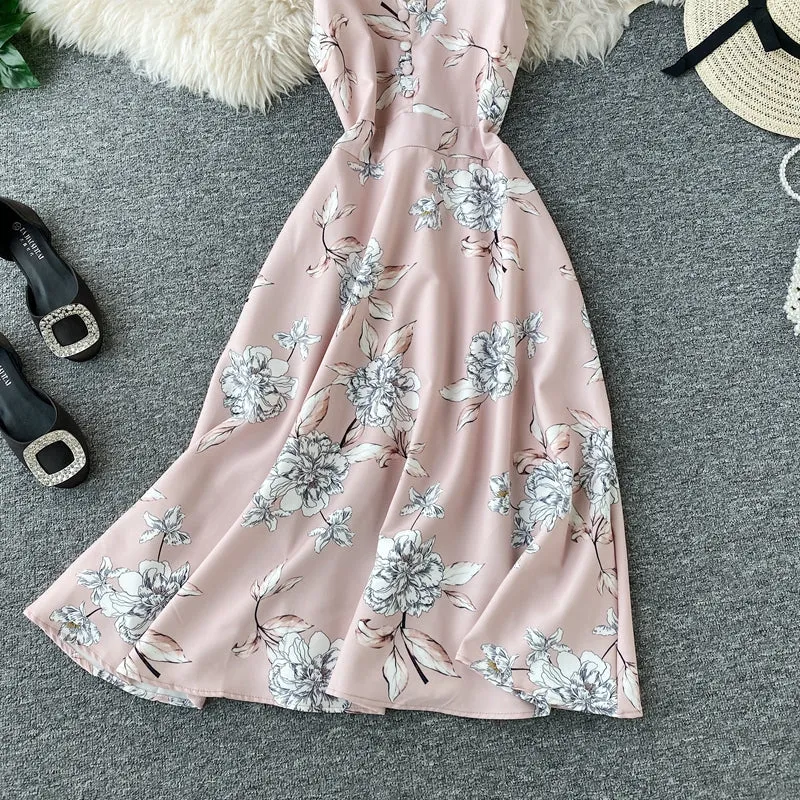 Printed V-neck Strap Beach Dress