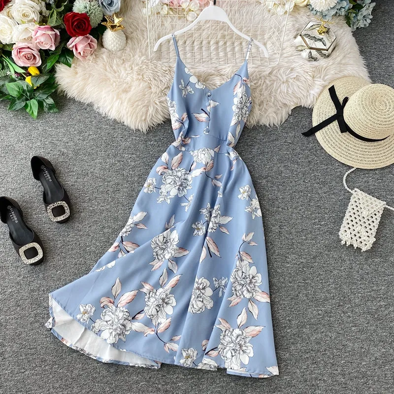 Printed V-neck Strap Beach Dress