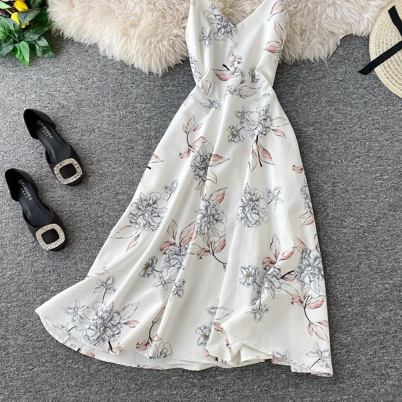 Printed V-neck Strap Beach Dress