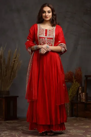 Red Modal Silk Long Enkle Length Stylish Dress And Dupatta With Embroidery