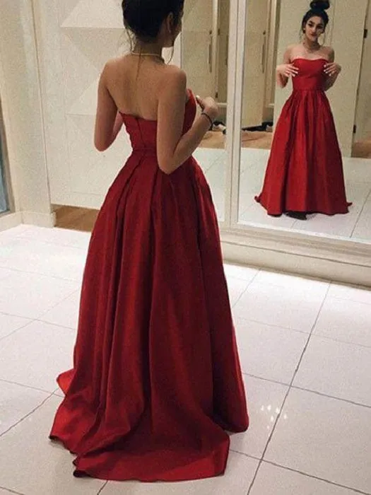 Red Satin Strapless Prom Dress