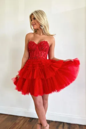 Red Tulle Lace Short Prom Dress, Cute Strapless A-Line Sweetheart Homecoming Dress