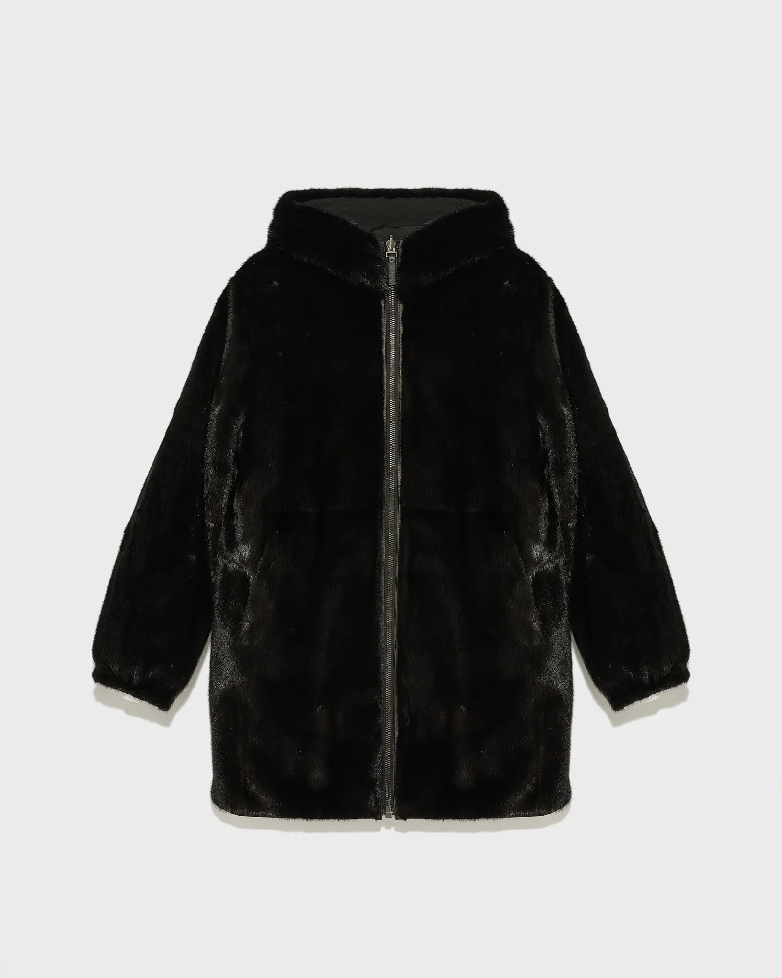 Reversible long parka in fabric and mink