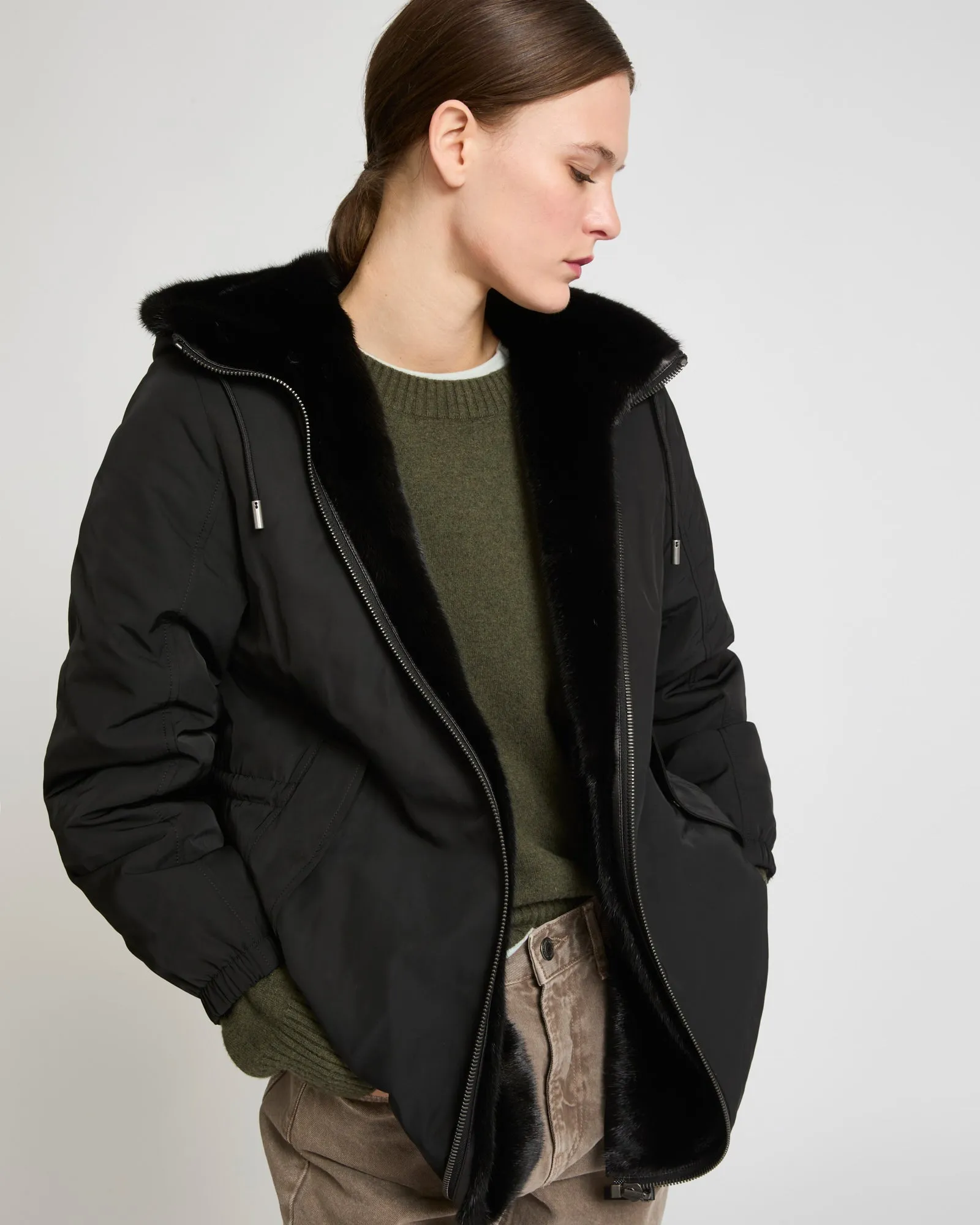 Reversible long parka in fabric and mink