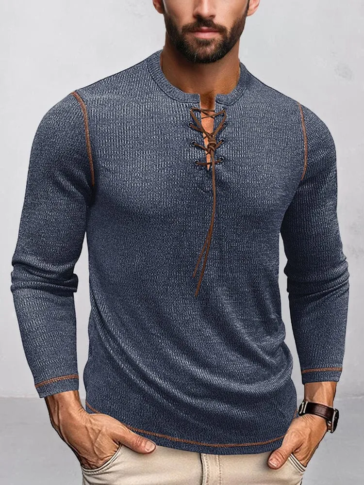 Ribbed Contrast Drawstring Henley Shirt