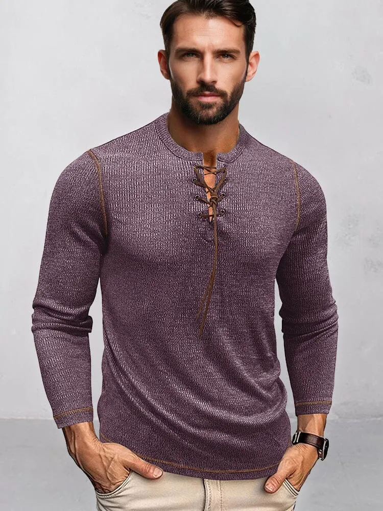 Ribbed Contrast Drawstring Henley Shirt