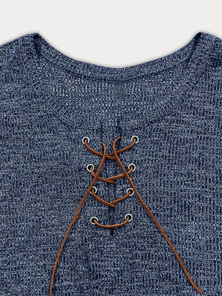 Ribbed Contrast Drawstring Henley Shirt