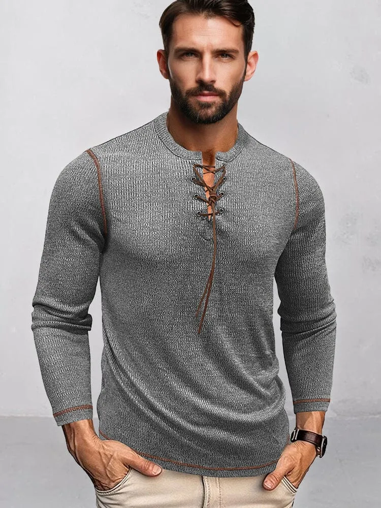 Ribbed Contrast Drawstring Henley Shirt