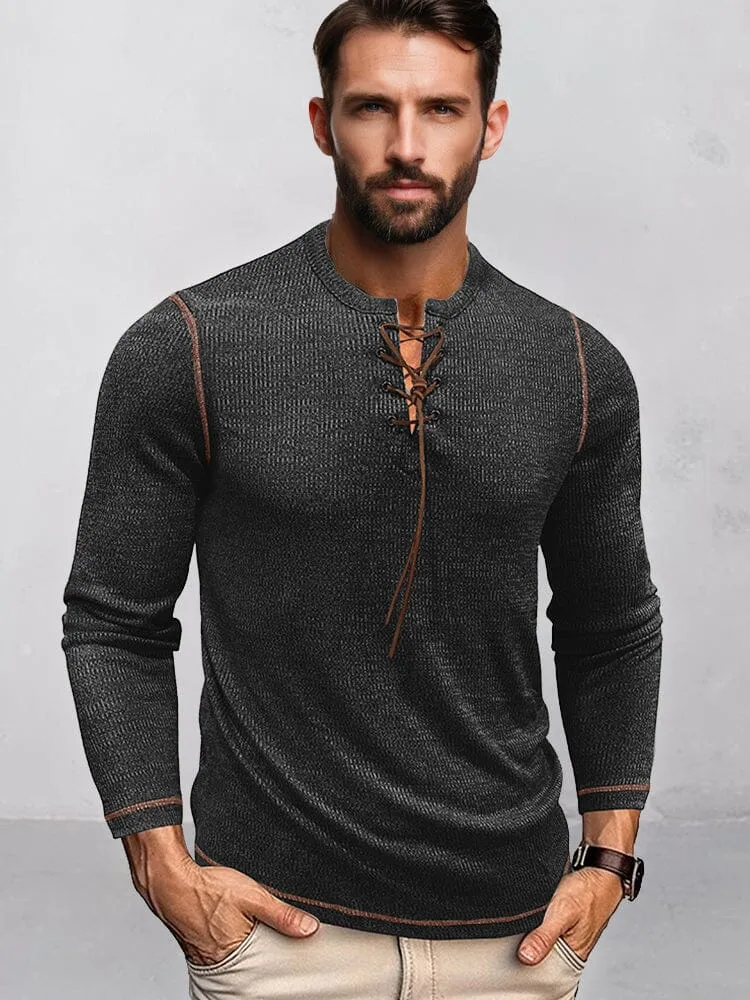 Ribbed Contrast Drawstring Henley Shirt