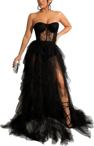 Sexy Black Lace & Tulle Maxi Dress