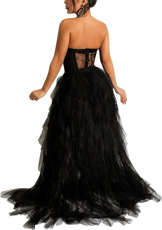 Sexy Black Lace & Tulle Maxi Dress