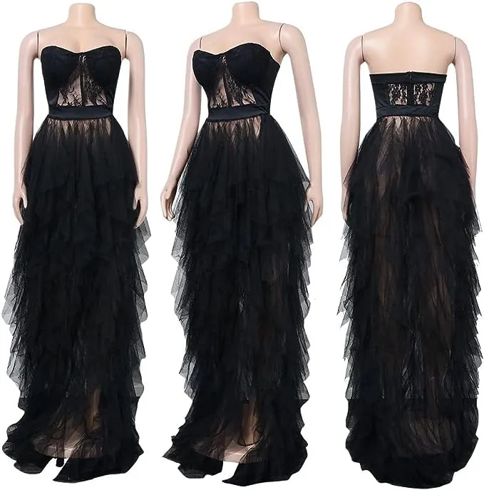 Sexy Black Lace & Tulle Maxi Dress