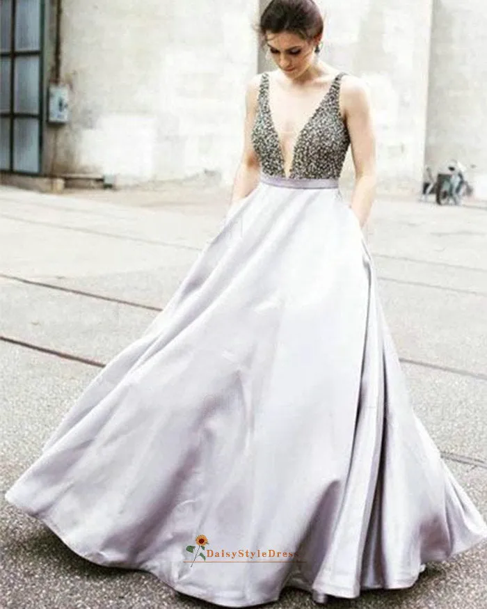 Simple Beaded V-neckline Ball Gown Prom Dress