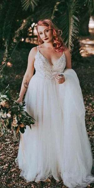 Simple Spaghetti Straps Beaded Plus Size Wedding Dress