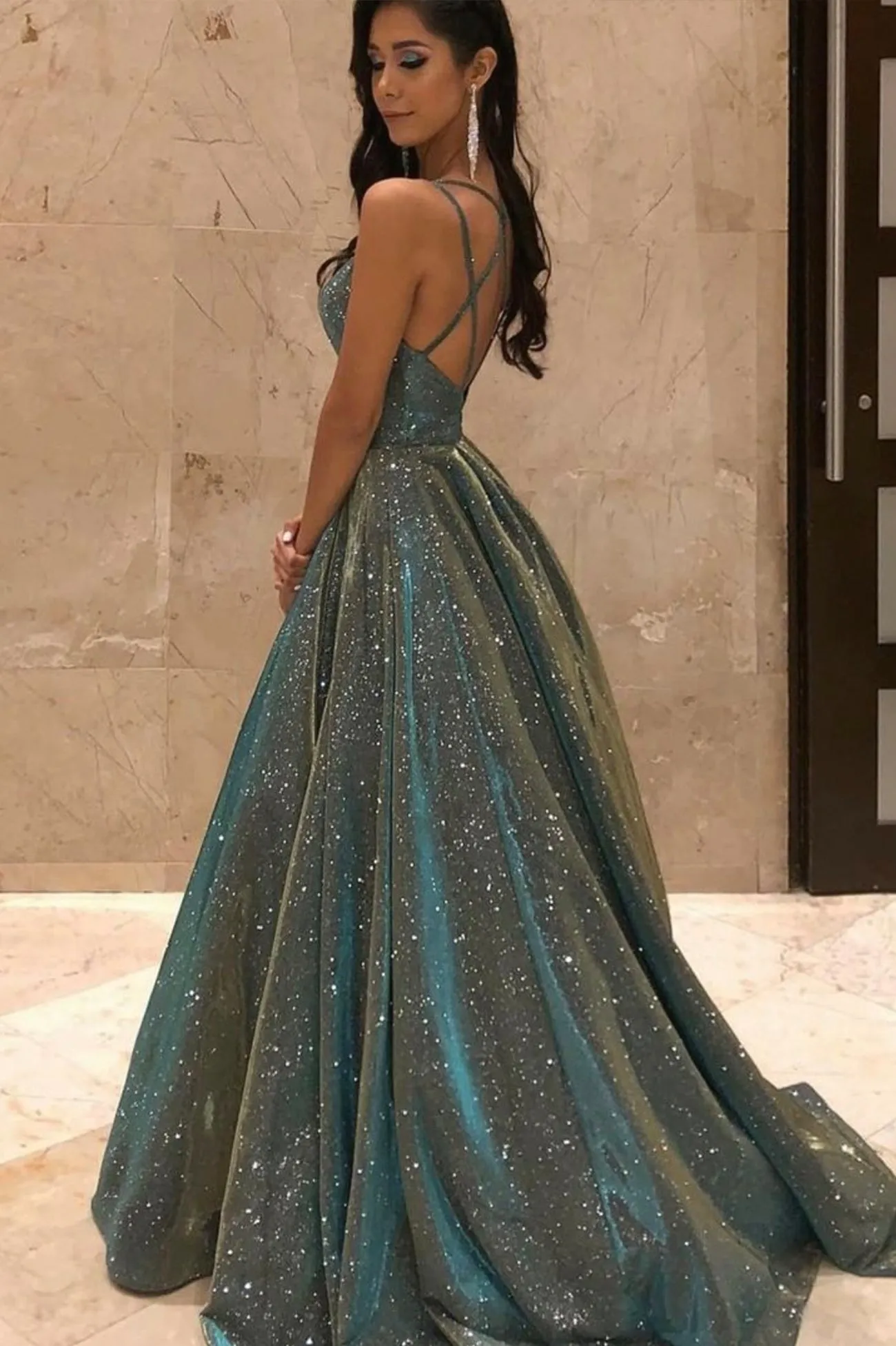 Simple V-Neck Backless Floor Length Prom Dress