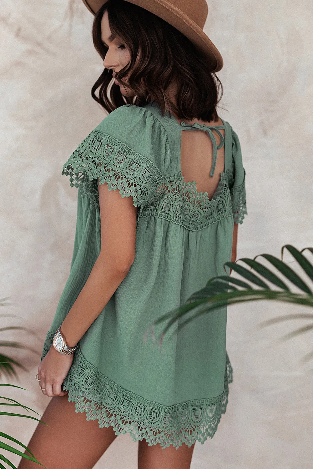 Spliced Lace Tie-Back Babydoll Top