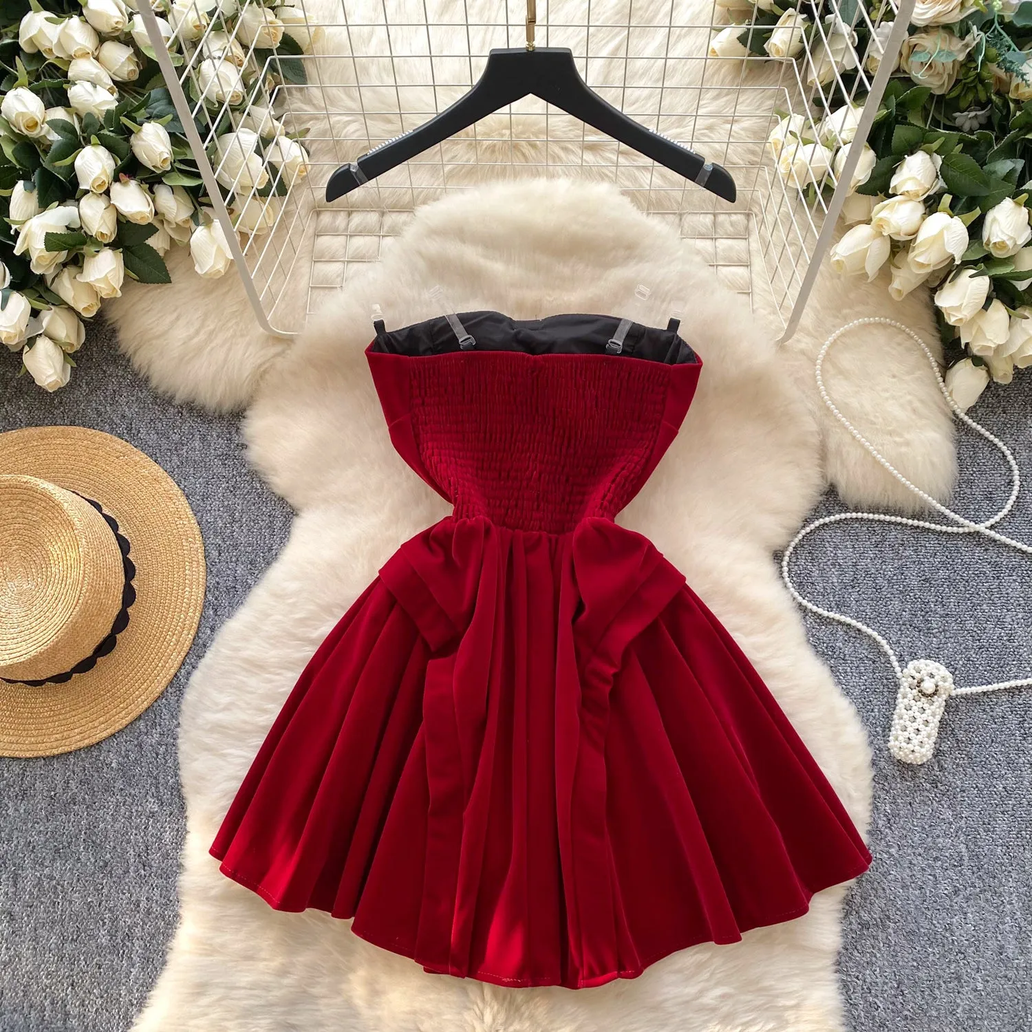 Strapless Color-blocking Bow Pleated Dress