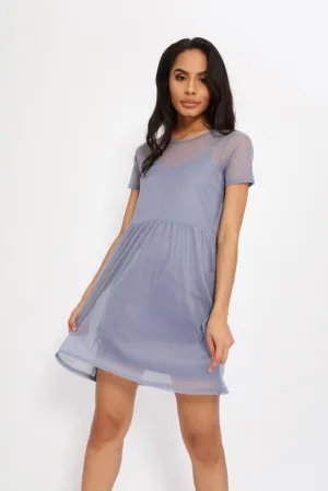 Tender Blue Mesh Skater Dress With Slip