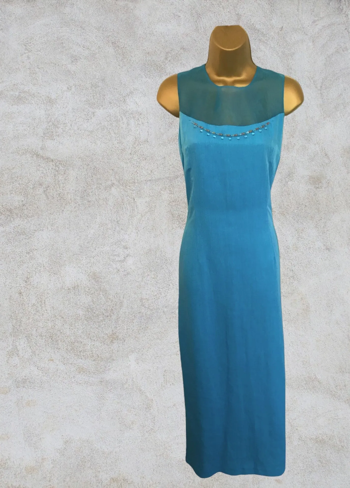 Tuzzi Long Turquoise Blue Linen & Organza Dress UK 10 RRP £179