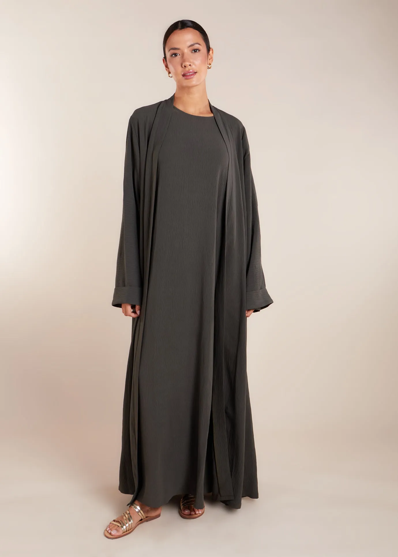 Two Piece Open Abaya with Slip Khaki