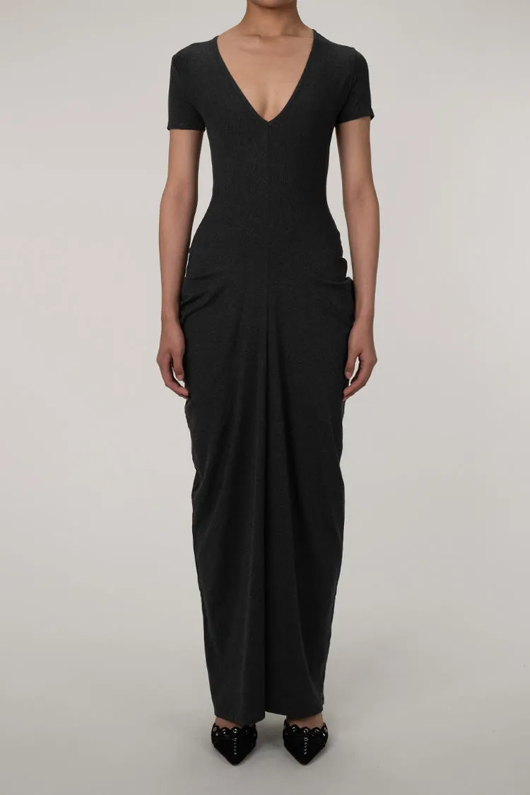 Unique Plunge Short Sleeve Draped Detail Cinch Waist Jersey Maxi Dress