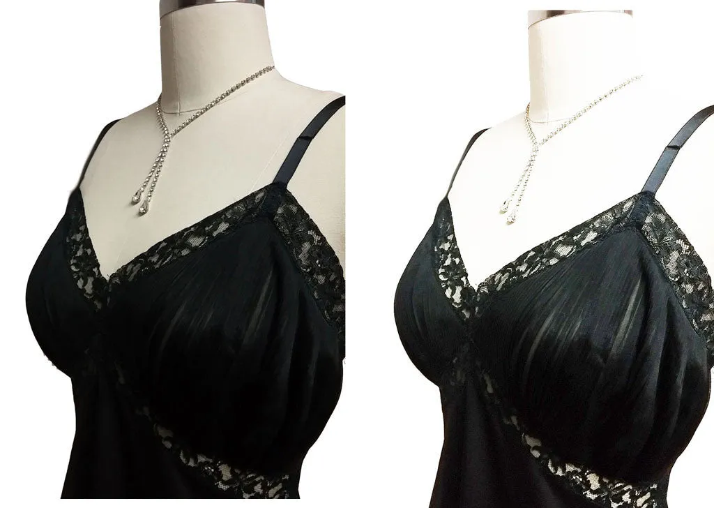 VINTAGE '50s / '60s VANITY FAIR SOPHISTICATED BLACK LACE PLEATED SLIP -HARD TO FIND LARGE SIZE