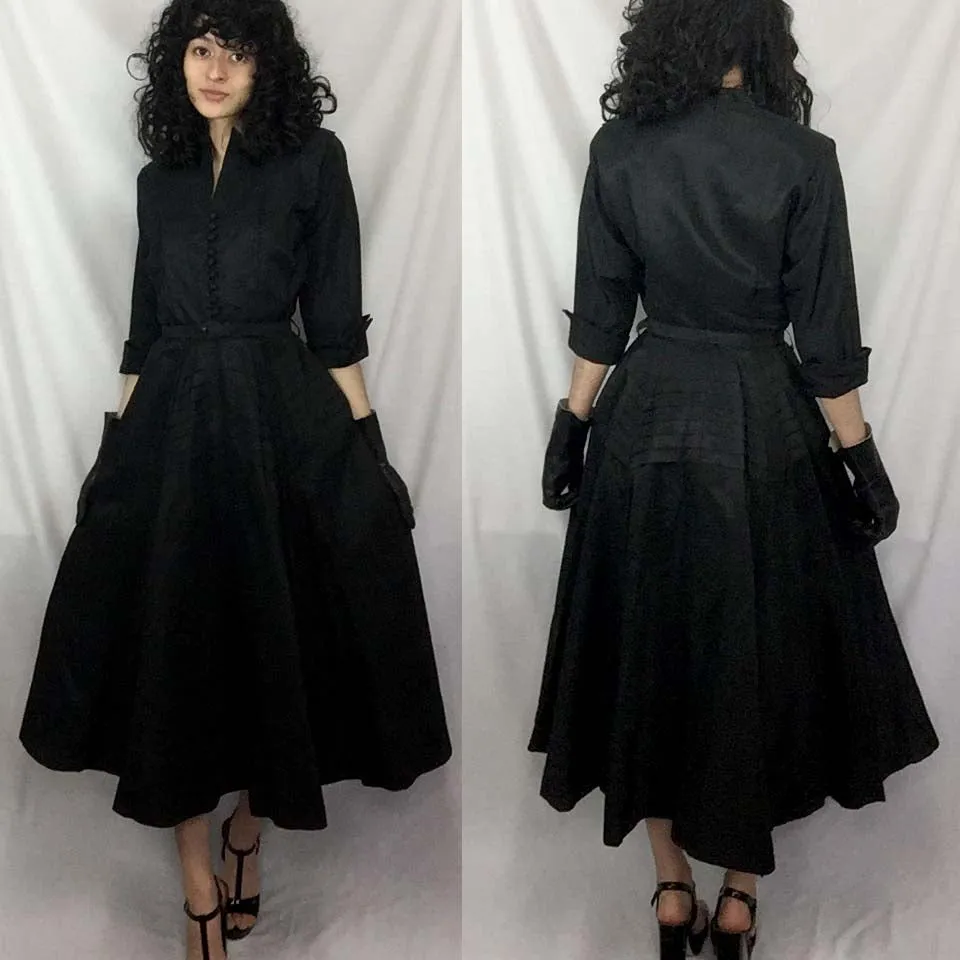 Vintage 50s | Black Victorian Edwardian Taffeta Steampunk Gothic Dress | XS