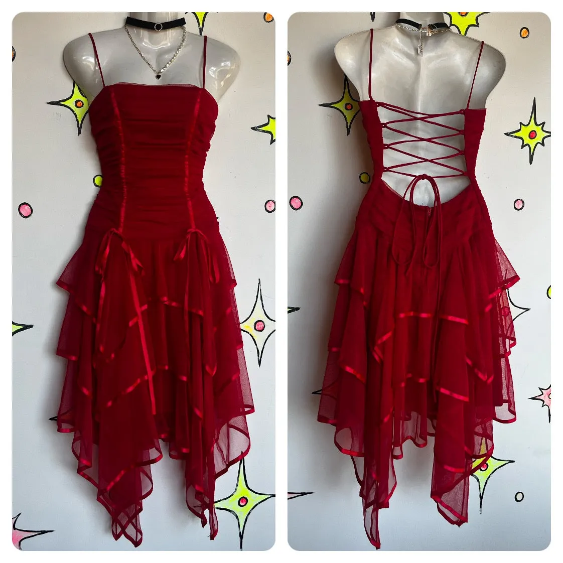 Vintage 90s | Masquerade Red Fairy Grunge Whimsy Goth Slip Dress | Size 5 / 6