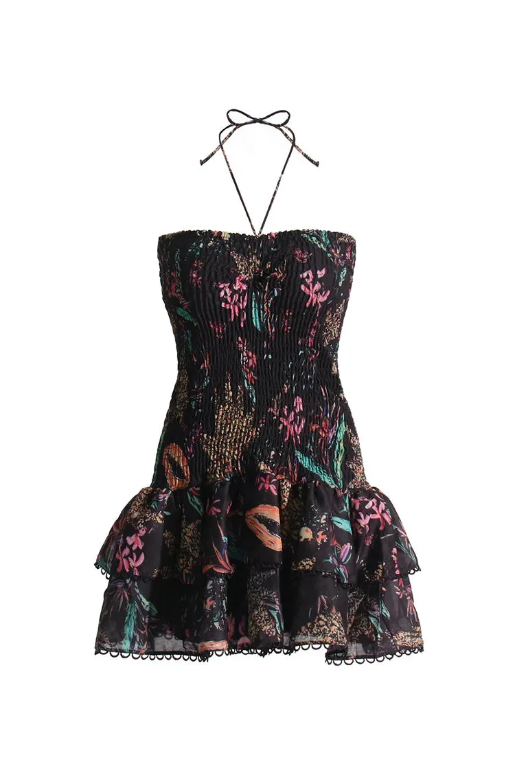 Vintage Halter Tie Scalloped Strapless Smocked Ruffle Floral Print Mini Dress