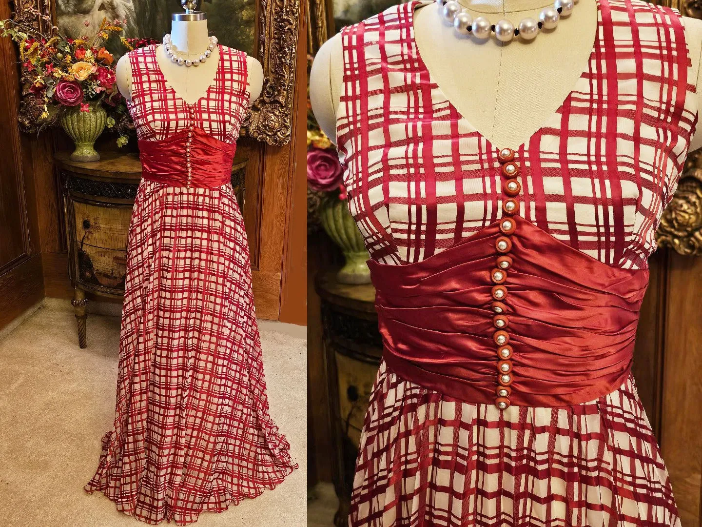 VINTAGE LATE 1960S EARLY 1970S RED AND WHITE PLAID PLEATED EVENING GOWN WITH RUCHED CUMMERBUND & PEARL BUTTONS