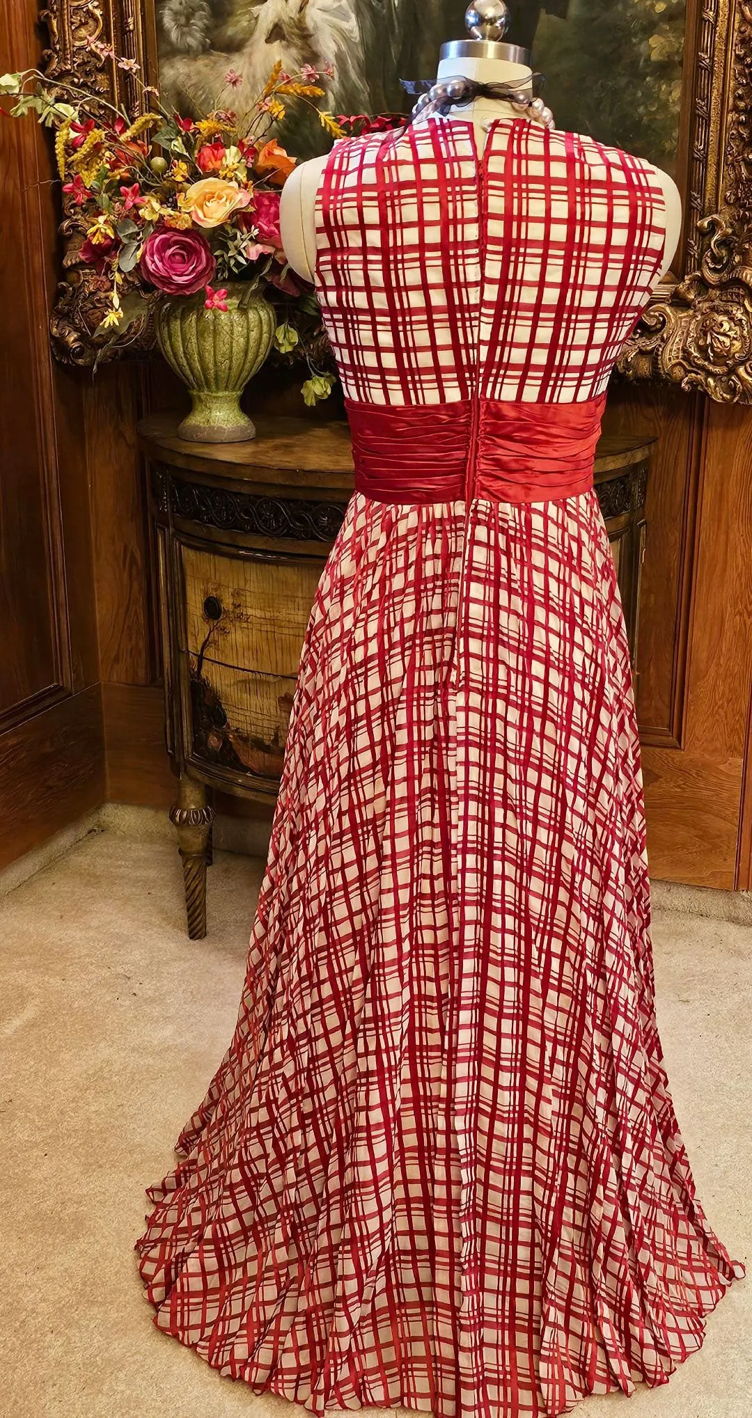 VINTAGE LATE 1960S EARLY 1970S RED AND WHITE PLAID PLEATED EVENING GOWN WITH RUCHED CUMMERBUND & PEARL BUTTONS