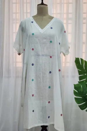 White Boxy V neck jamdani dress-Polka dots