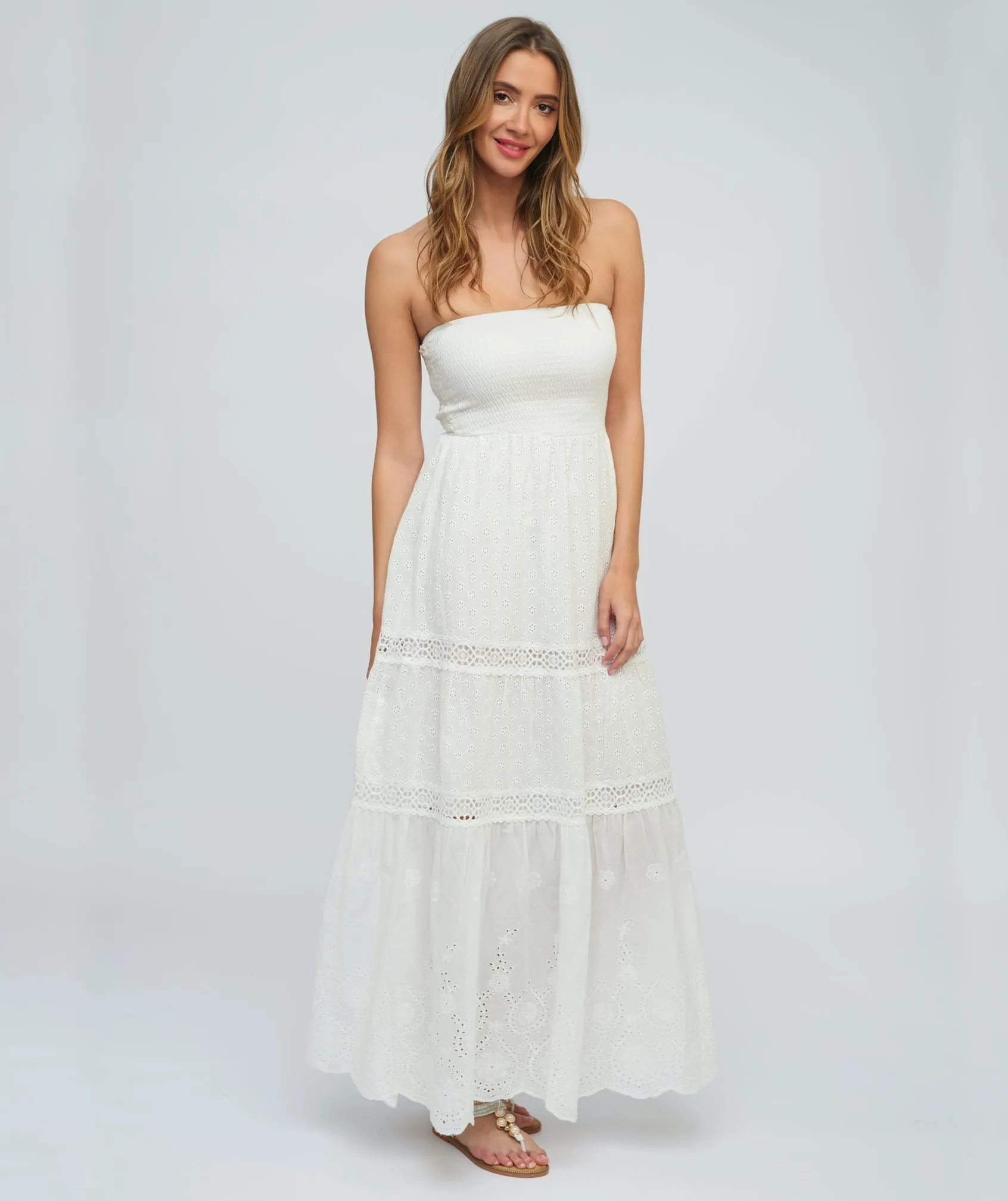 White Cotton Lace Bandeau Maxi Beach Dress