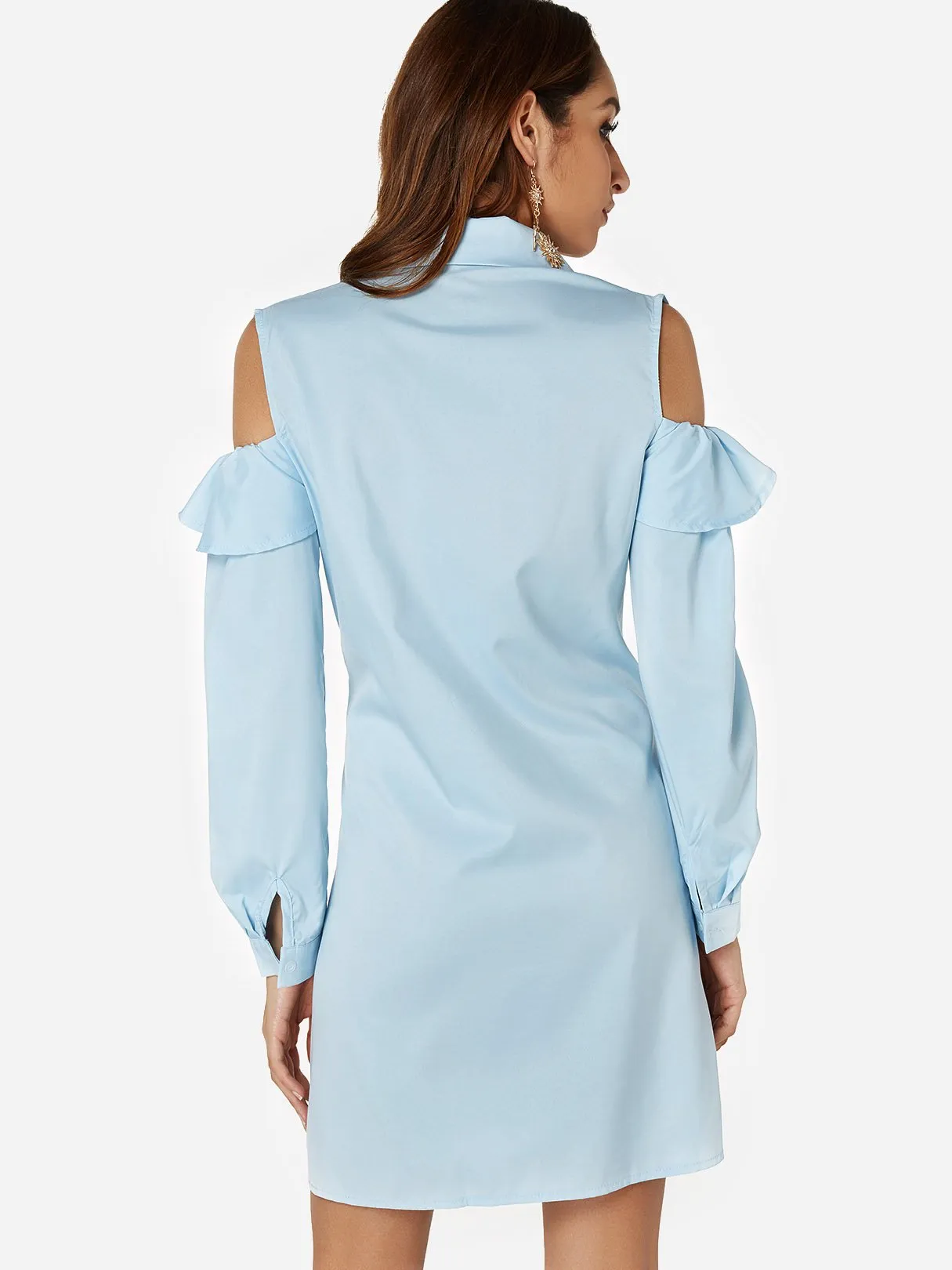 Wholesale Sky Blue Classic Collar Cold Shoulder Ruffle Trim Shirt Dress